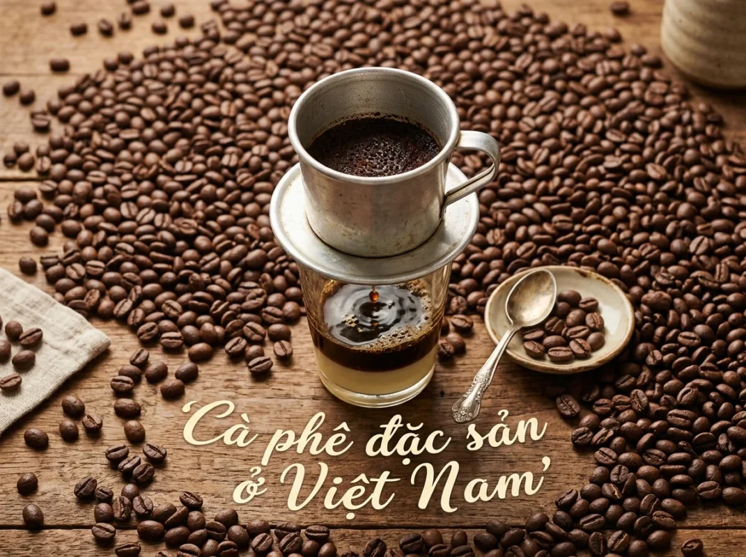 Hình ảnh ly cà phê phin đang nhỏ giọt xuống lớp sữa đặc trong ly thủy tinh, xung quanh tràn ngập hạt cà phê rang xay. Trên hình có dòng chữ nghệ thuật Cà phê đặc sản ở Việt Nam