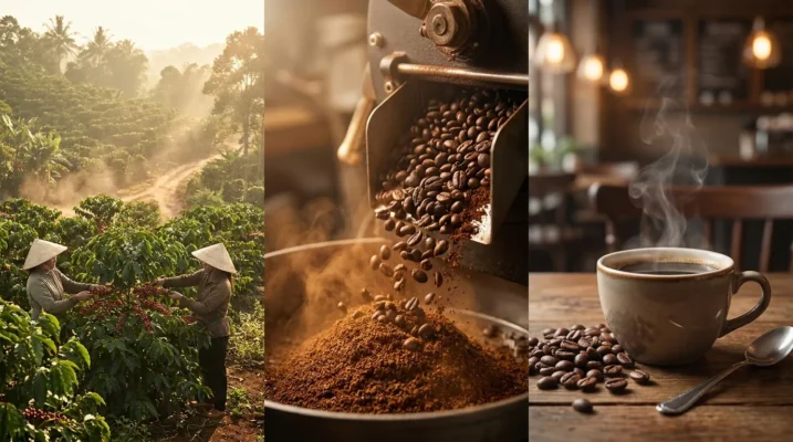 Quy trình sản xuất cà phê từ thu hoạch tại nông trại, rang xay hạt cà phê đến tách cà phê thành phẩm tại Dikedo Coffee